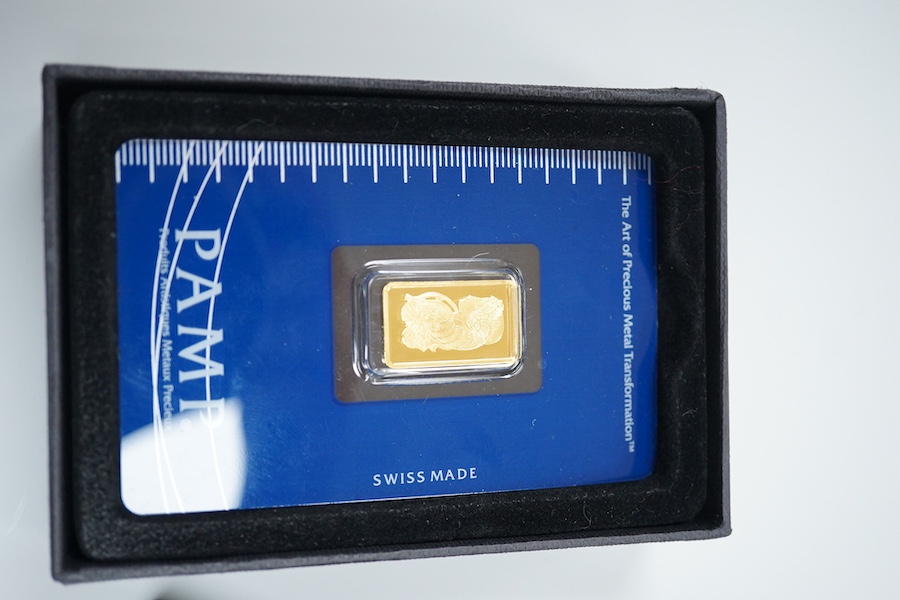 Swiss Gold bullion ingot, PAMP, 2.5g fine gold 999,9, serial no. 4**672, in Harrods retail box